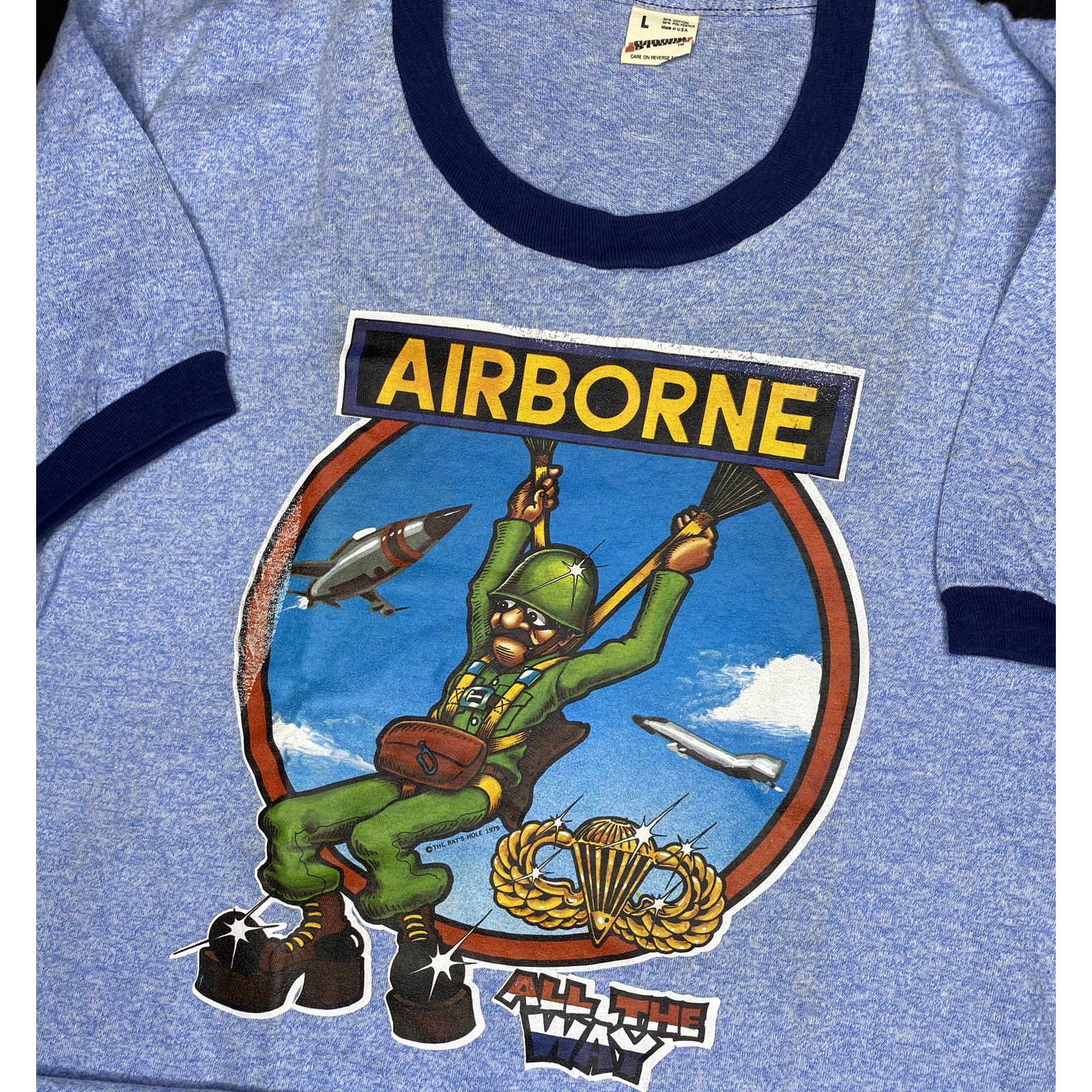 Vintage Airborne Shirt Parachute Army Ranger 1979 The Rats Hole Screen Stars L